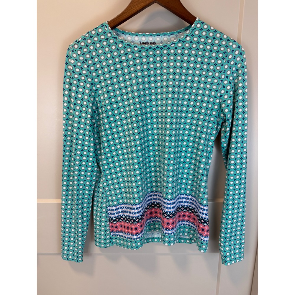 Lands' End Turquoise Geometric Long Sleeve Swim Tee Rash Guard‎ Beachwear Size S